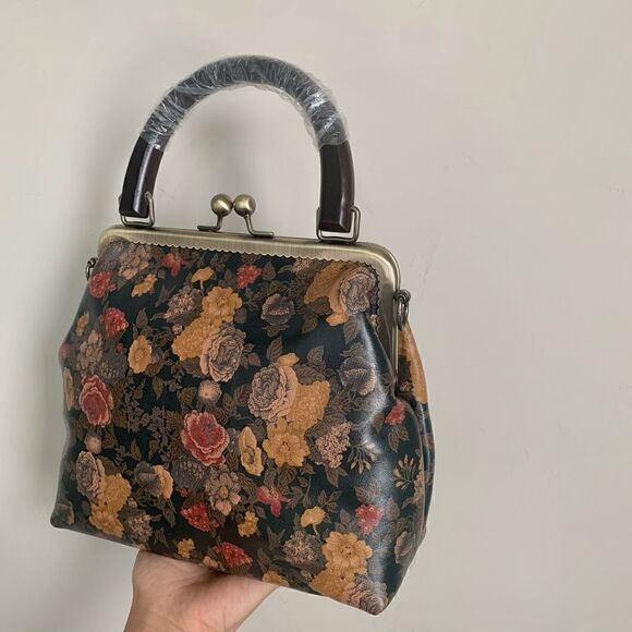 Handmade Genuine Leather Floral Print, Top Wood Handle Bag & Small Clutch Set - Picture 7 of 16